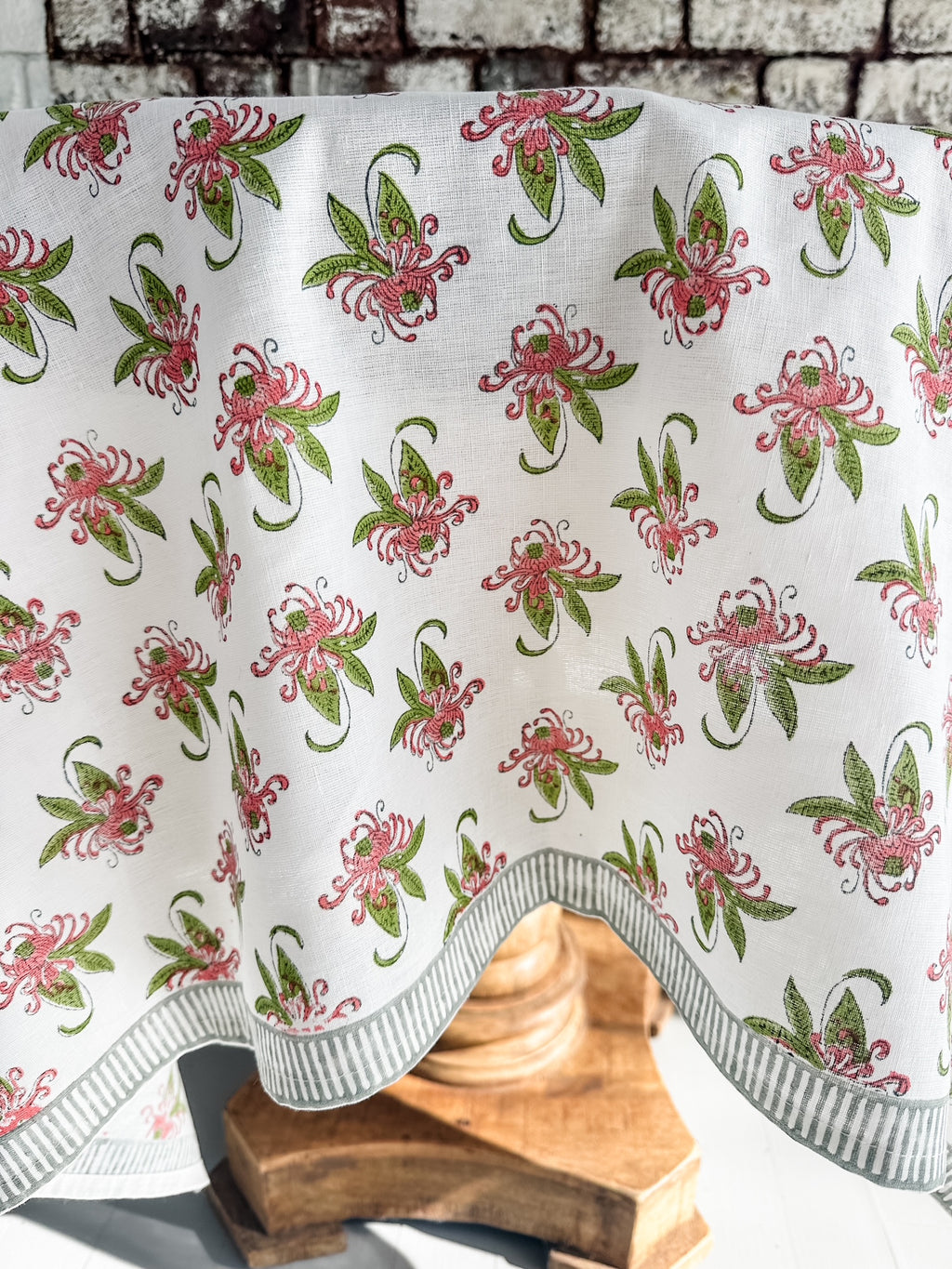 Garden Pink and Green with Gray Stripes Tablecloth