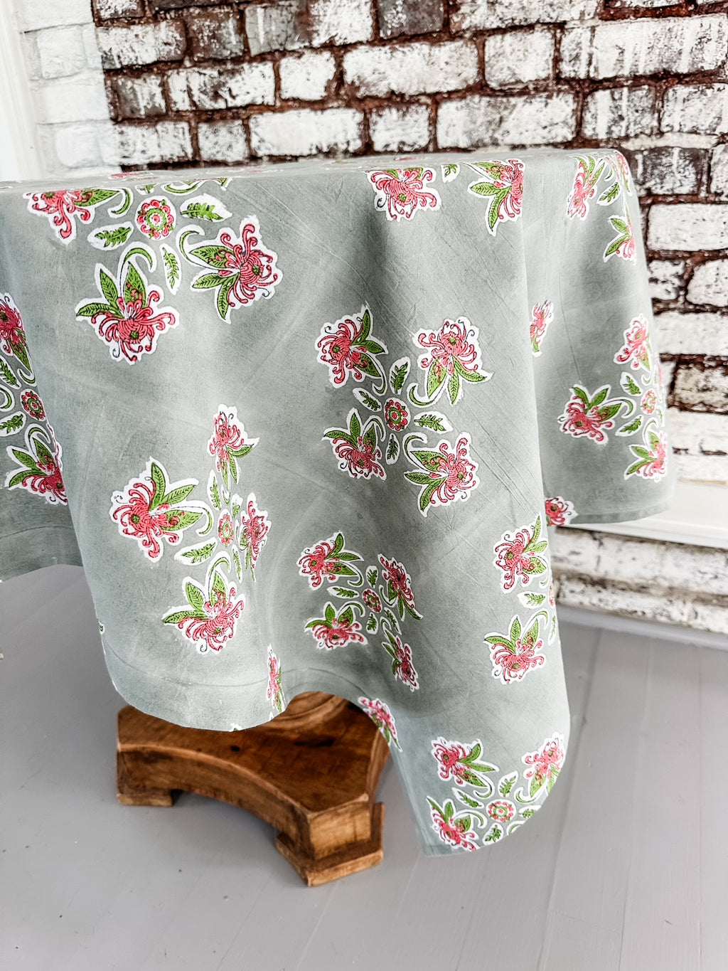 Garden Gray Tablecloth with Salmon Pink and Green