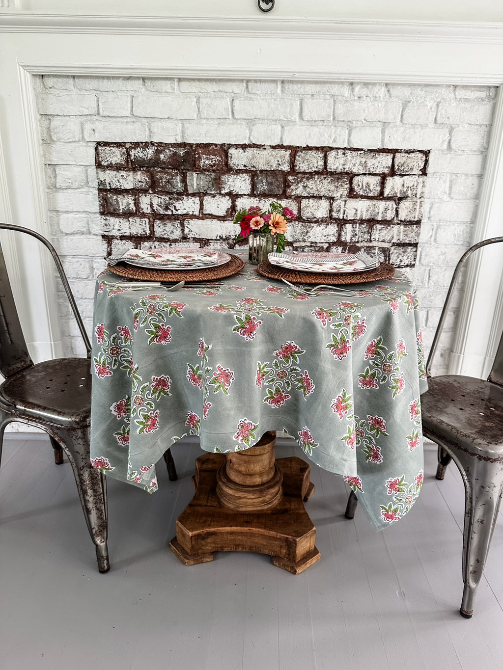 Garden Gray Tablecloth with Salmon Pink and Green
